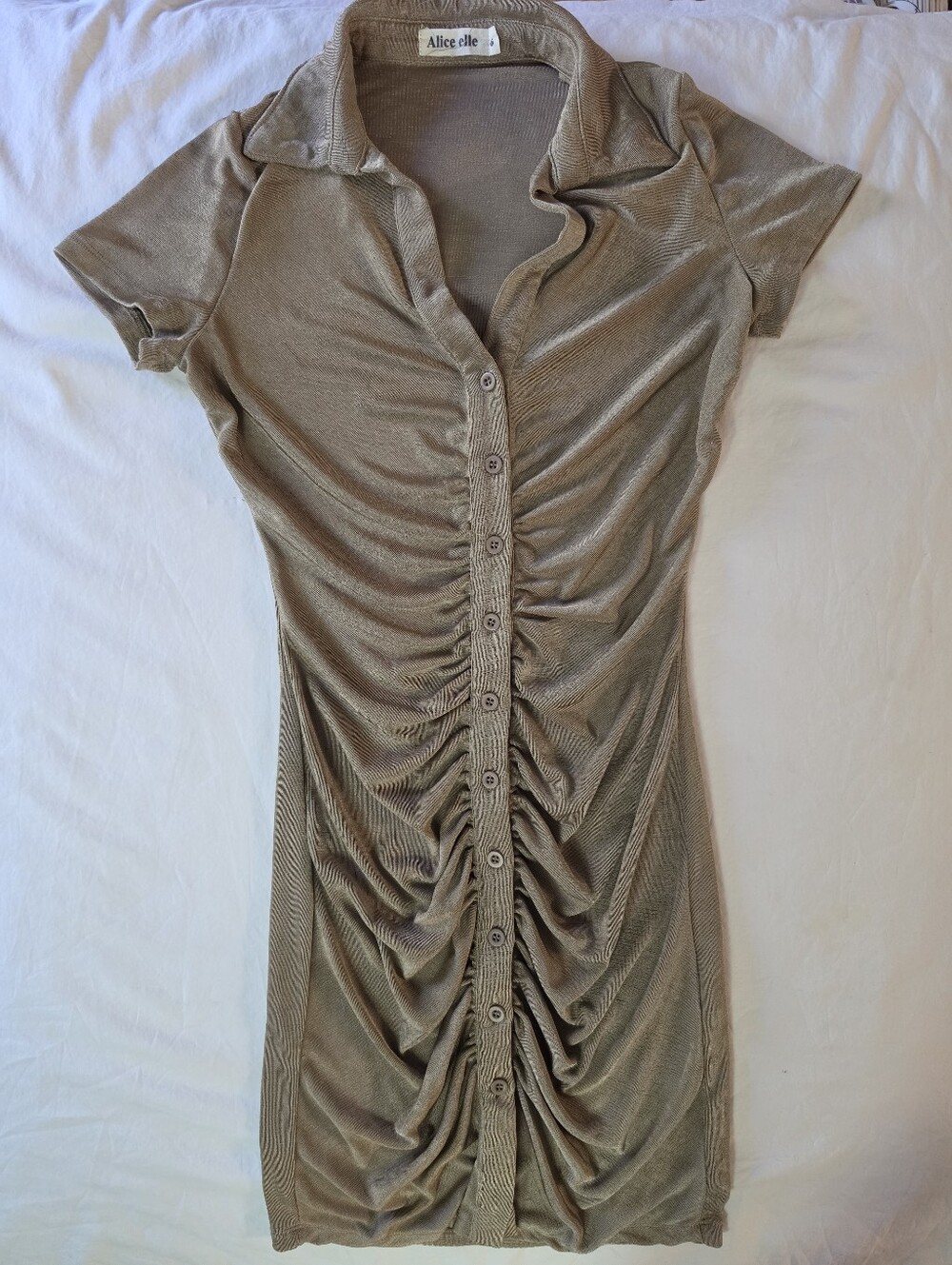 Alice Elle Metallic Bronze Gold Ruched Button Front Slinky Mini Dress Size 6